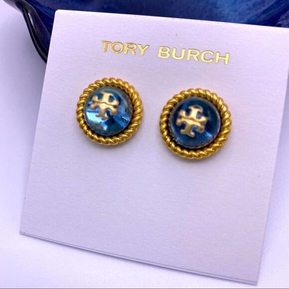 NWOT Tory Burch Gold Logo Light Blue Iridescent Stud Earrings - Picture 1 of 8